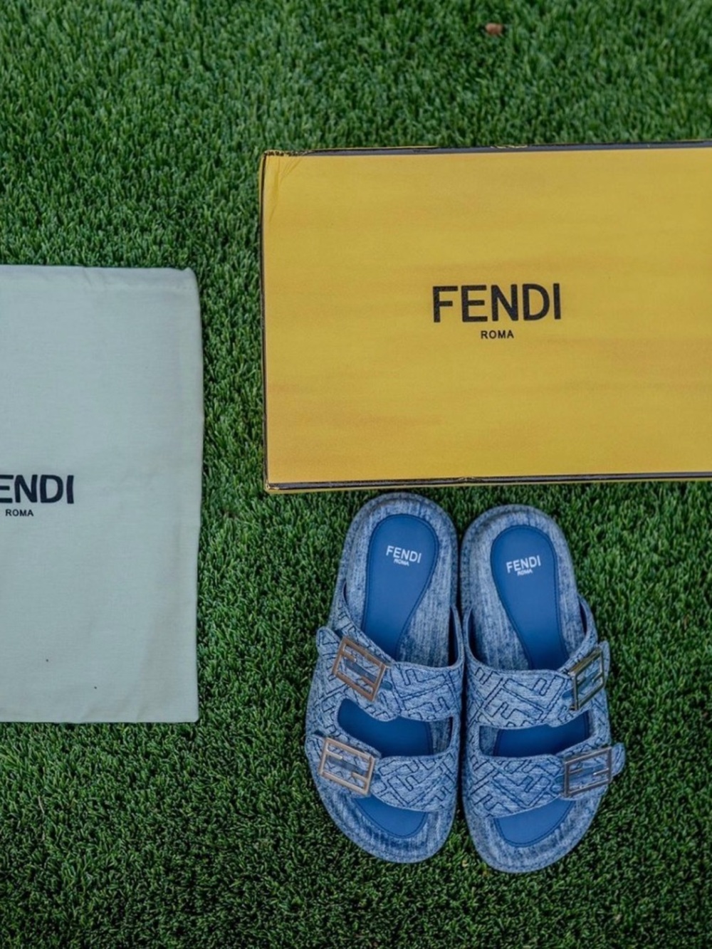 Fendi Denim Blue Double-Buckle Logo Slides